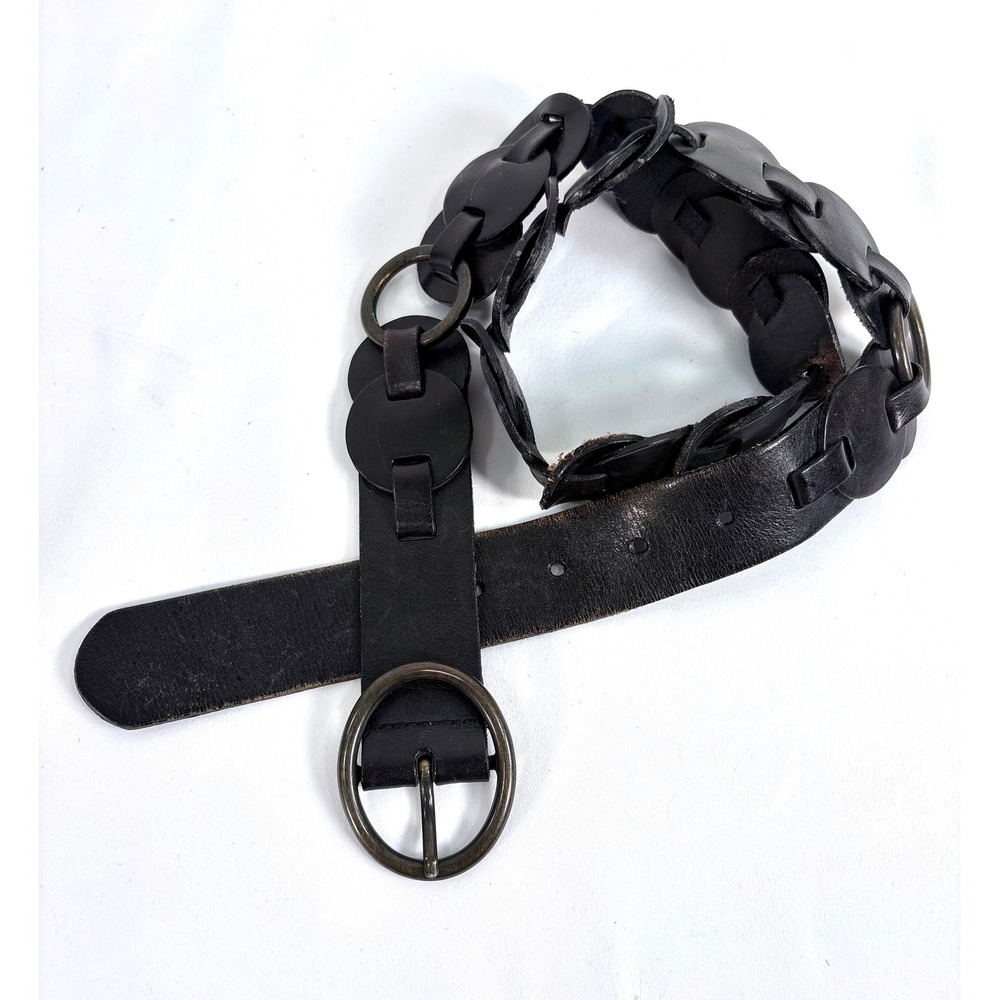 Vintage 90s Leather Belt Black Linked Disc O-Ring Buckle Wide Boho Statement